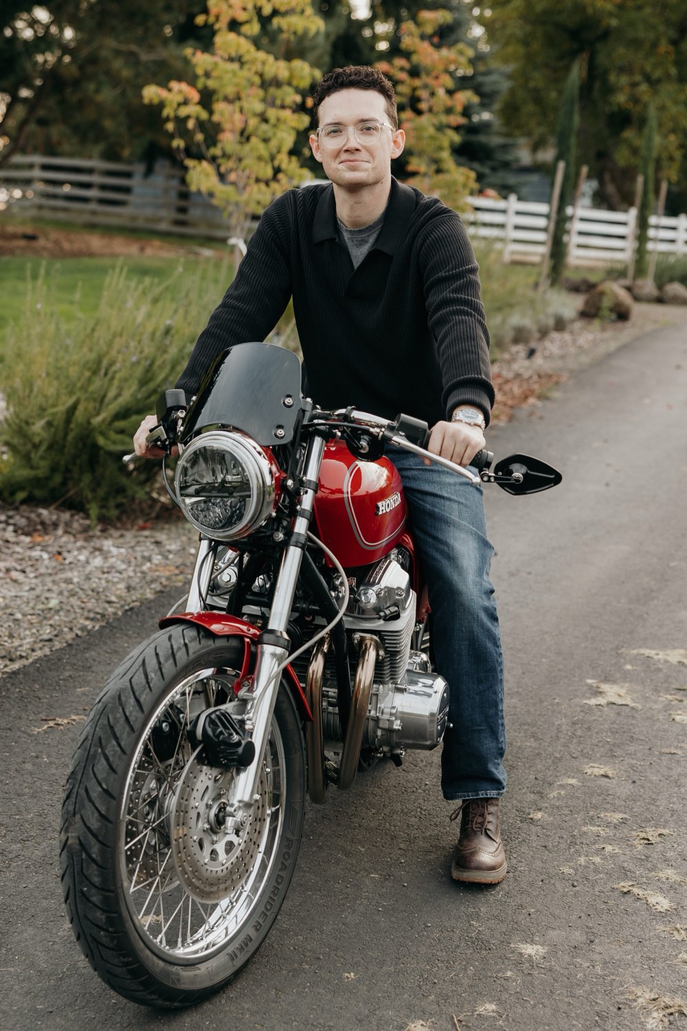 Jacob Baldry on a Honda café racer